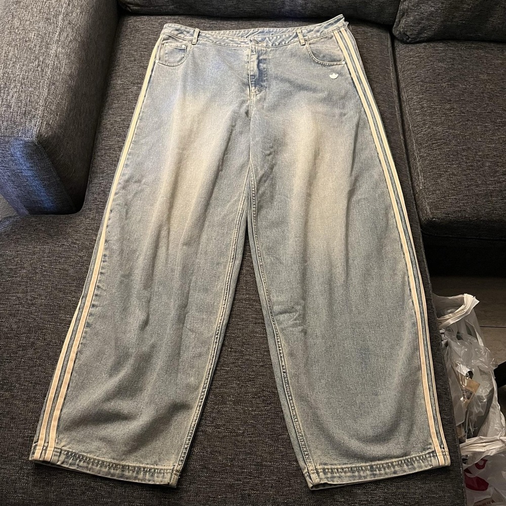 Adidas Originals Jeans Womens 38x32 Blue Wide Leg 3-Stripes Denim High Rise